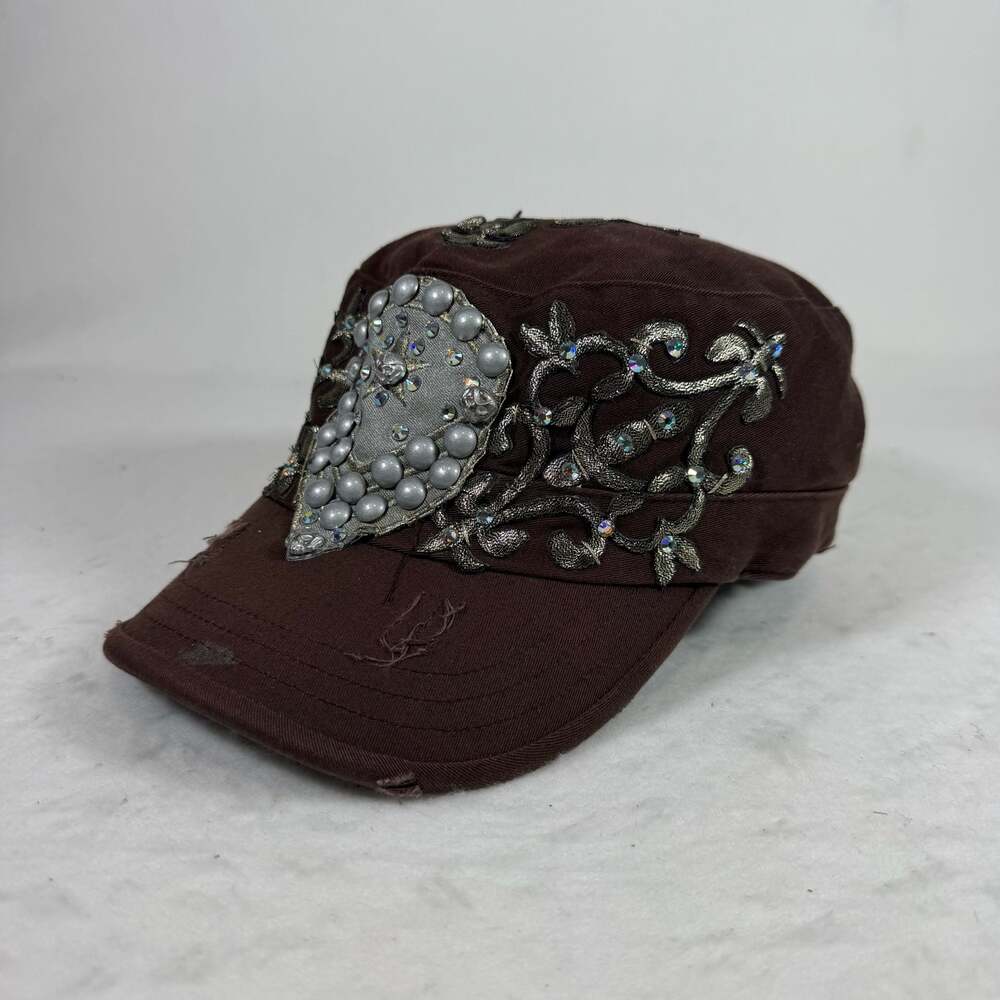Dream Control Vintage Brown Cadet Cap Military Style Hat Rhinestone Studded S/M